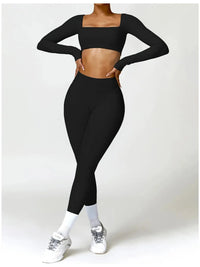 Ensemble Sport Femme 2 Pièces - Soutien-Gorge à Manches Longues et Short Taille Haute - 004