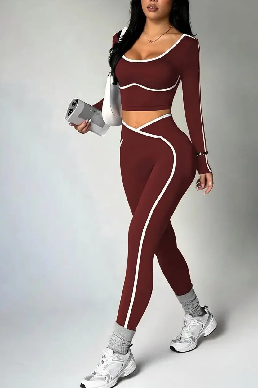 Ensemble Sport Femme 2 Pièces - Haut à Manches Longues Col Halter et Legging Taille Haute Contraste - tz4218