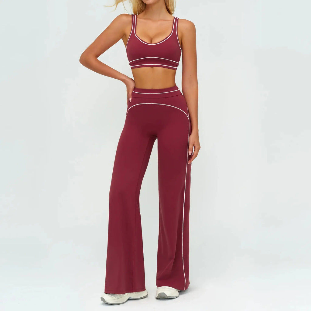 Ensemble Fitness Femme Color Block Sans Manches - Dos Nu et Pantalon Évasé