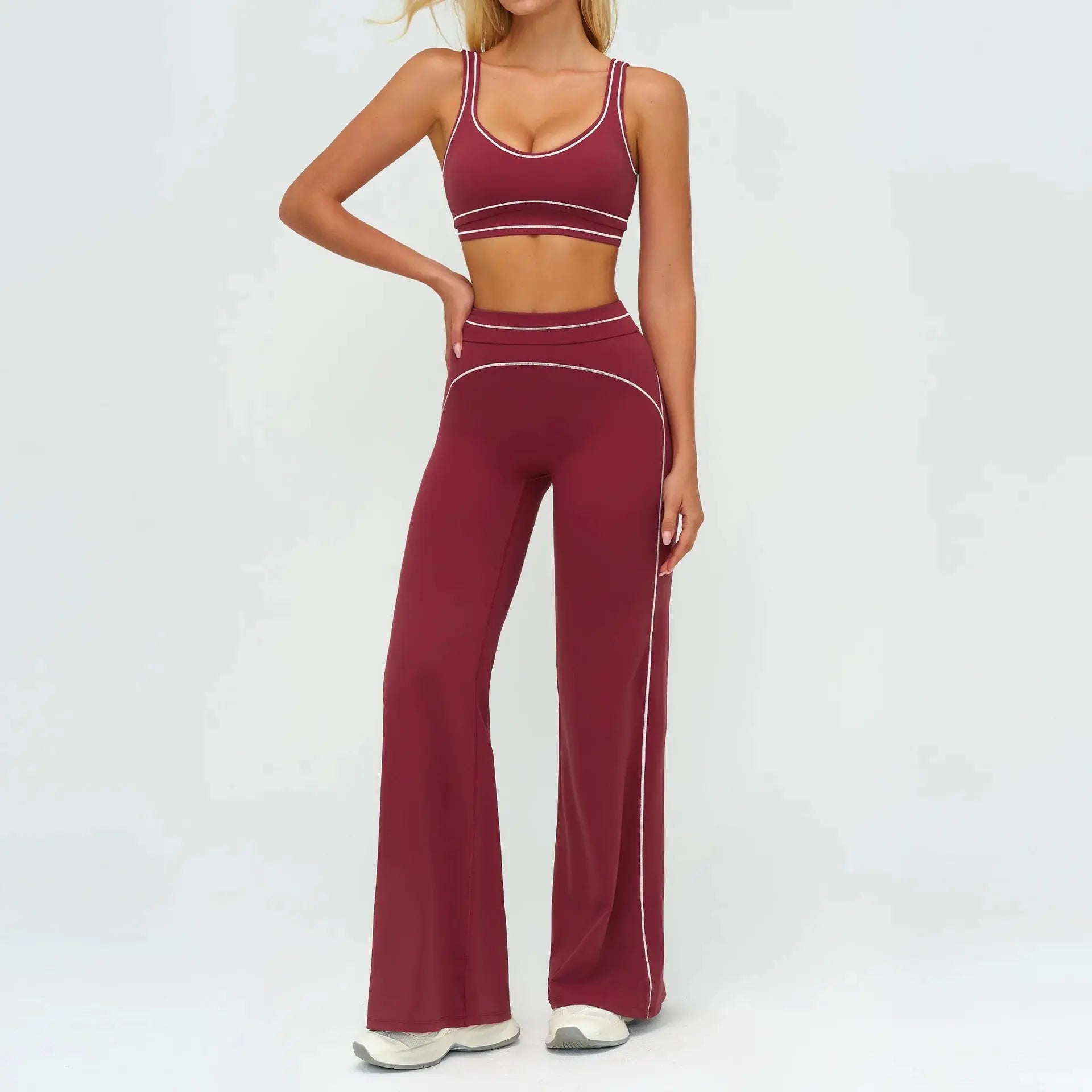 Ensemble Fitness Femme Color Block Sans Manches - Dos Nu et Pantalon Évasé