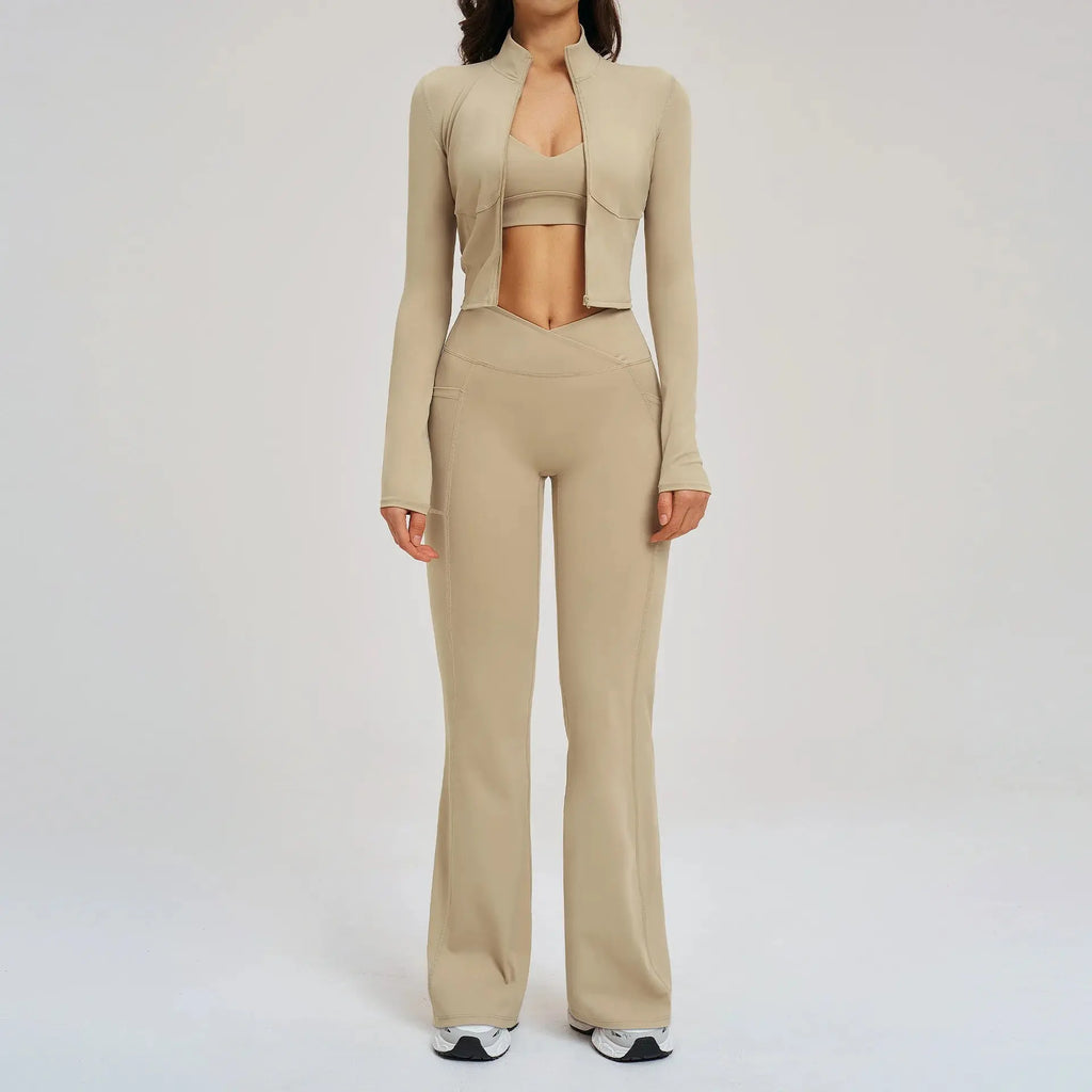 Ensemble Yoga Femme 3 Pièces - Veste Crop Manches Longues et Pantalon Large Taille Haute