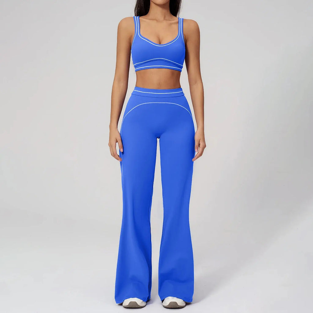 Ensemble Fitness Femme Color Block Sans Manches - Dos Nu et Pantalon Évasé