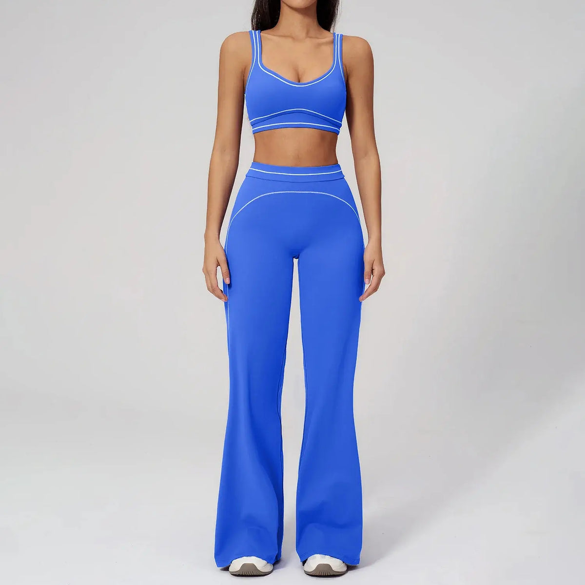 Ensemble Fitness Femme Color Block Sans Manches - Dos Nu et Pantalon Évasé
