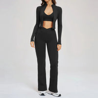 Ensemble Yoga Femme 3 Pièces - Veste Crop Manches Longues et Pantalon Large Taille Haute
