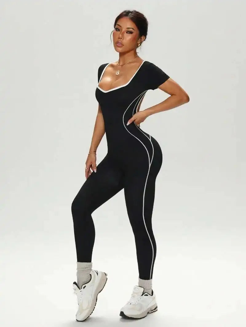 Combinaison Yoga Femme Sans Couture à Dos Nu - Taille Haute et Manches Courtes