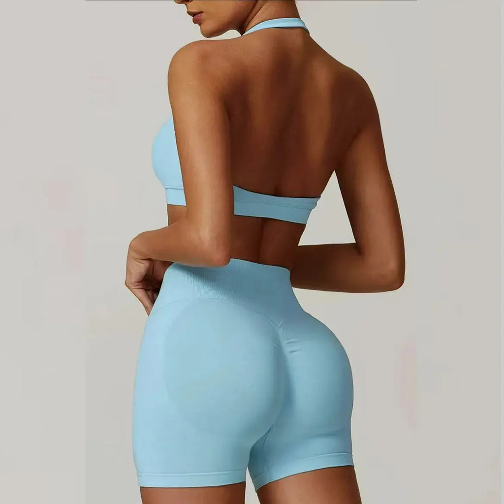 Ensemble Sport Femme 2 Pièces - Soutien-Gorge Col Halter Sans Manches et Short Taille Haute - TZ606