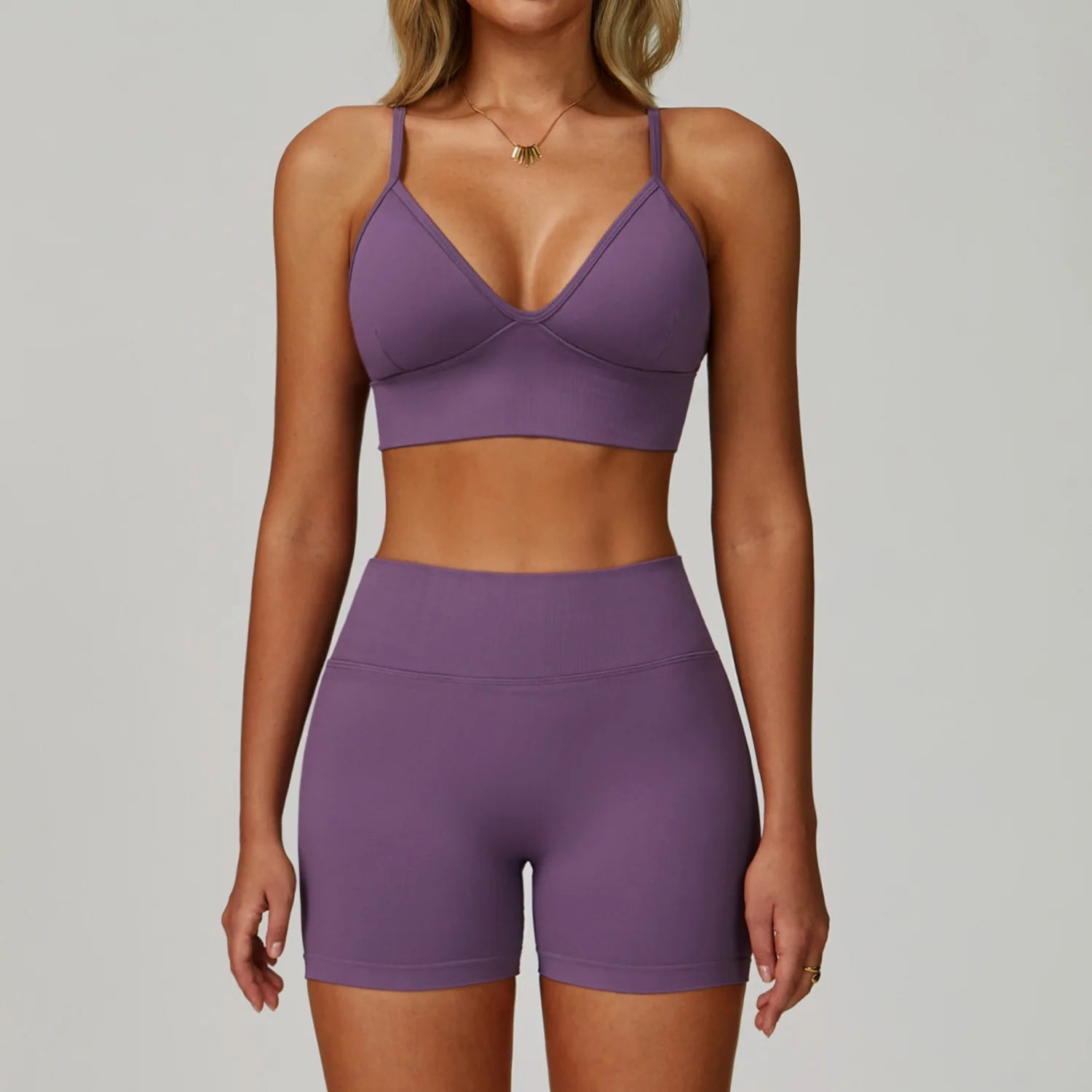 Ensemble Yoga Femme 2 Pièces Sans Couture - Débardeur Col V et Short Taille Haute - Yes7790-WXDK