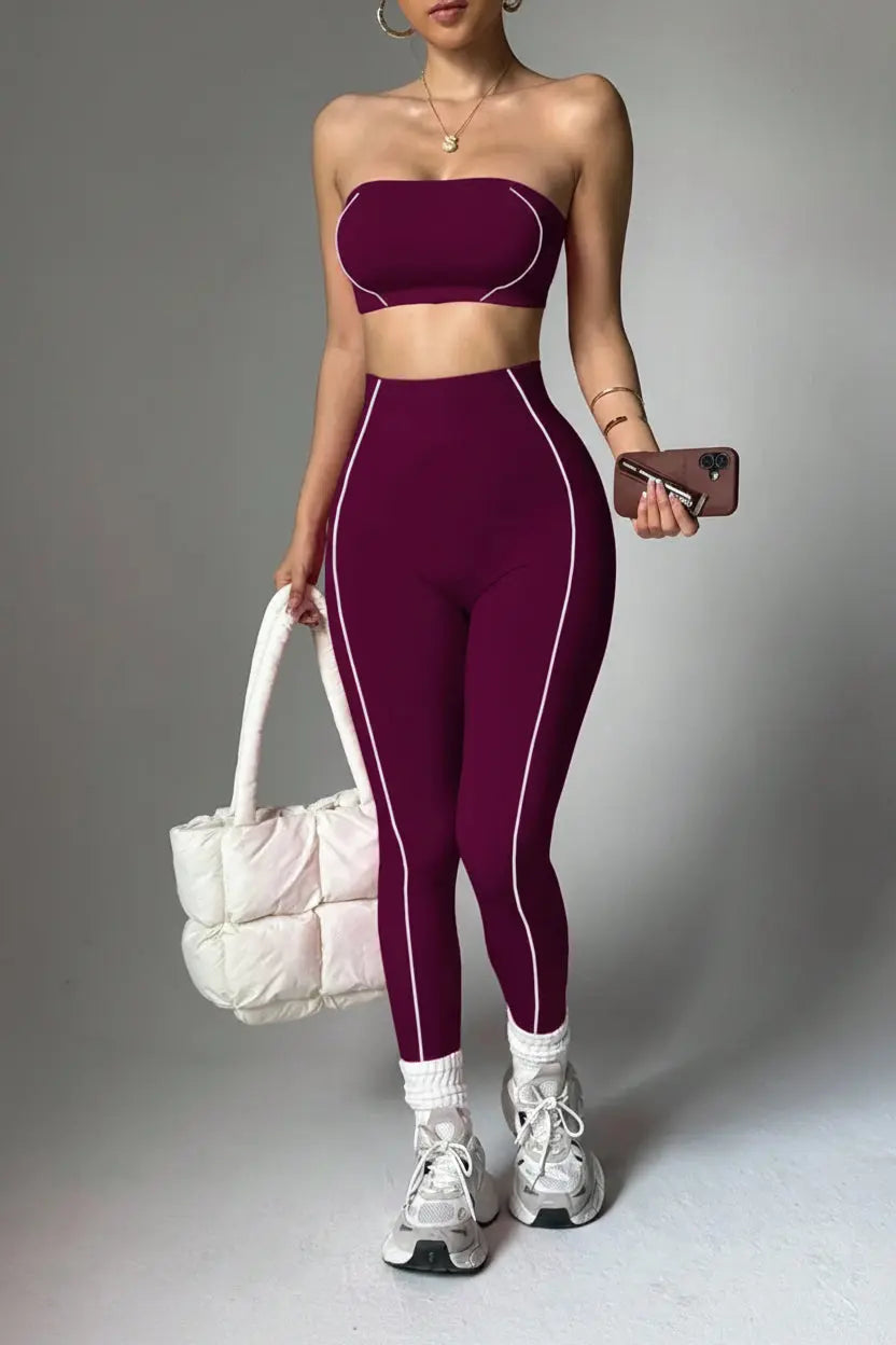 Ensemble Yoga Femme 2 Pièces - Soutien-Gorge Sans Bretelles et Legging Taille Haute