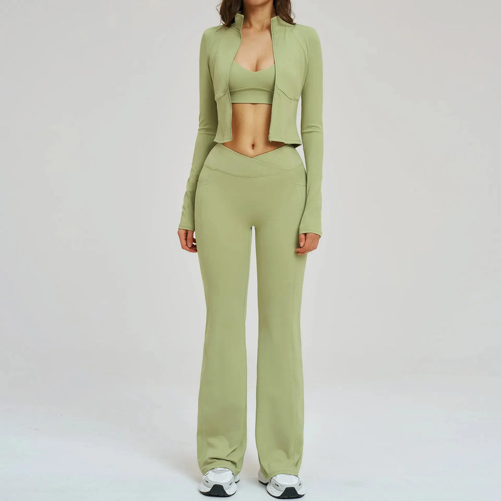 Ensemble Yoga Femme 3 Pièces - Veste Crop Manches Longues et Pantalon Large Taille Haute