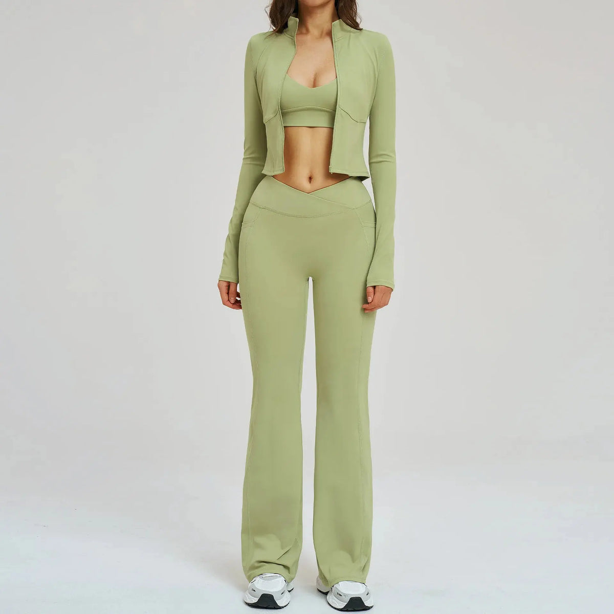 Ensemble Yoga Femme 3 Pièces - Veste Crop Manches Longues et Pantalon Large Taille Haute