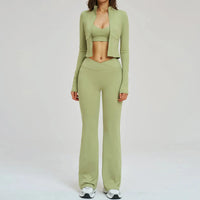 Ensemble Yoga Femme 3 Pièces - Veste Crop Manches Longues et Pantalon Large Taille Haute