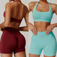 Ensemble Sport Femme 2 Pièces - Soutien-Gorge Col Halter Sans Manches et Short Taille Haute - TZ606