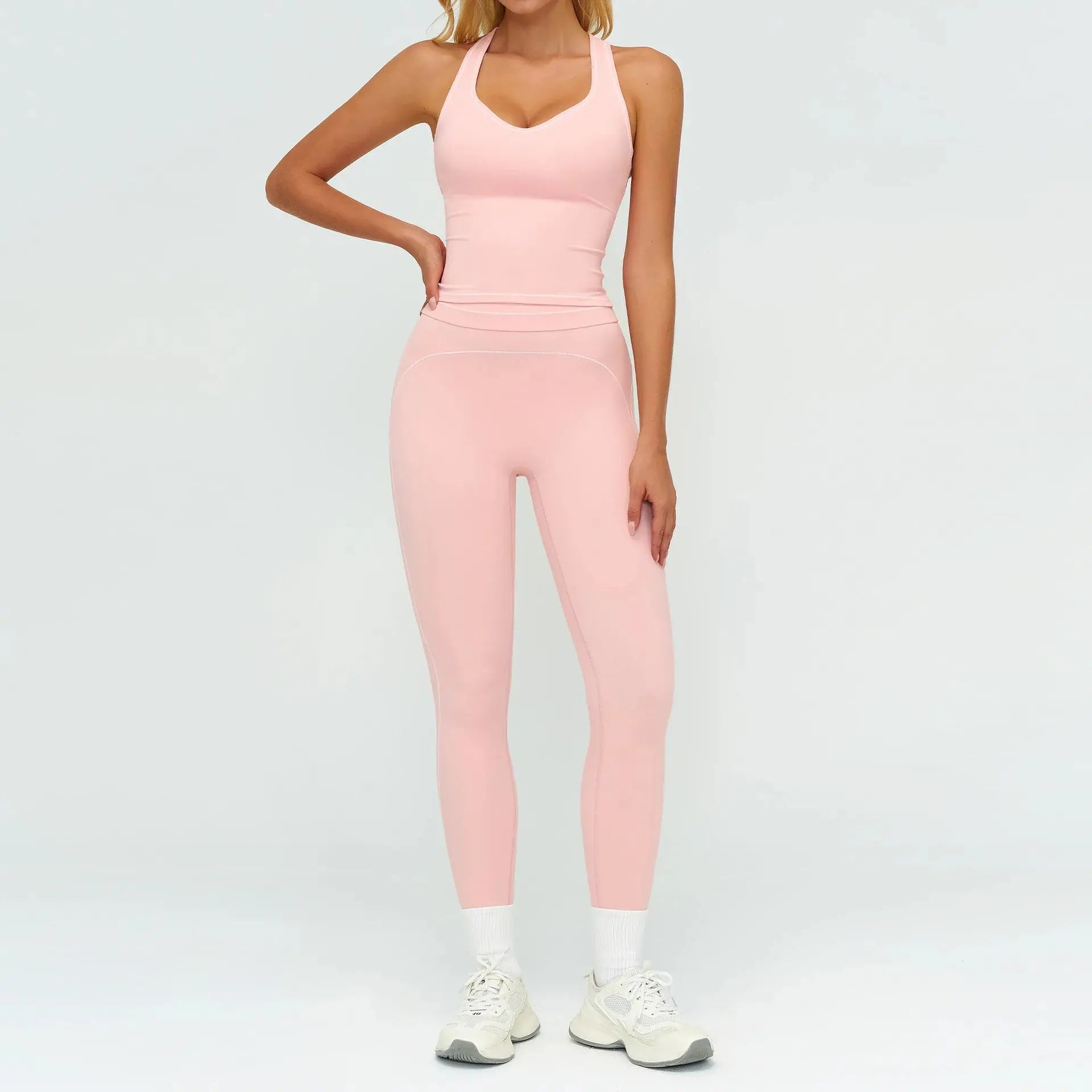 Ensemble Fitness Femme Sans Manches à Rayures Contrastées - Col en V