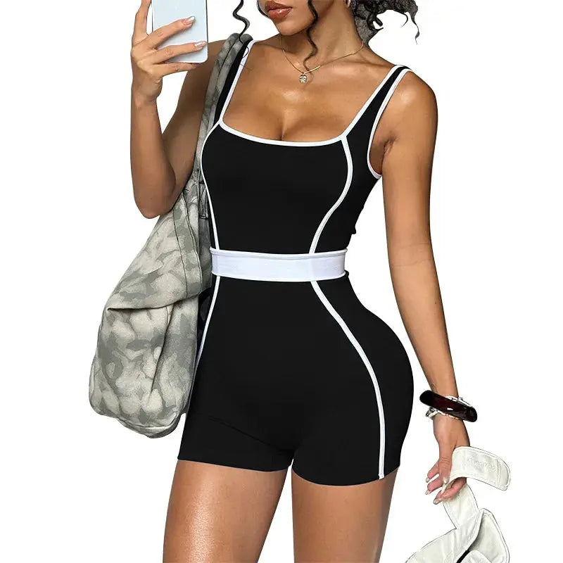 Combinaison Yoga Femme Sans Manches Rayures Contraste Effet Push-Up - XY522