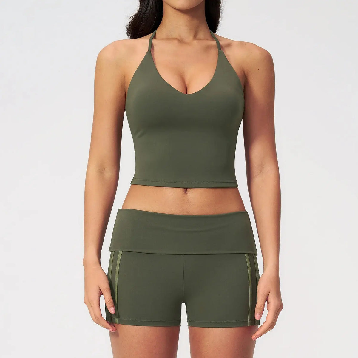 Ensemble Fitness Femme à Bretelles en T - Short Taille Haute Repliable