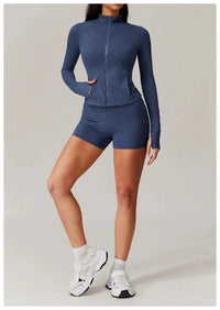 Ensemble Yoga Femme 2 Pièces - Veste Zip Col Montant et Short Taille Haute