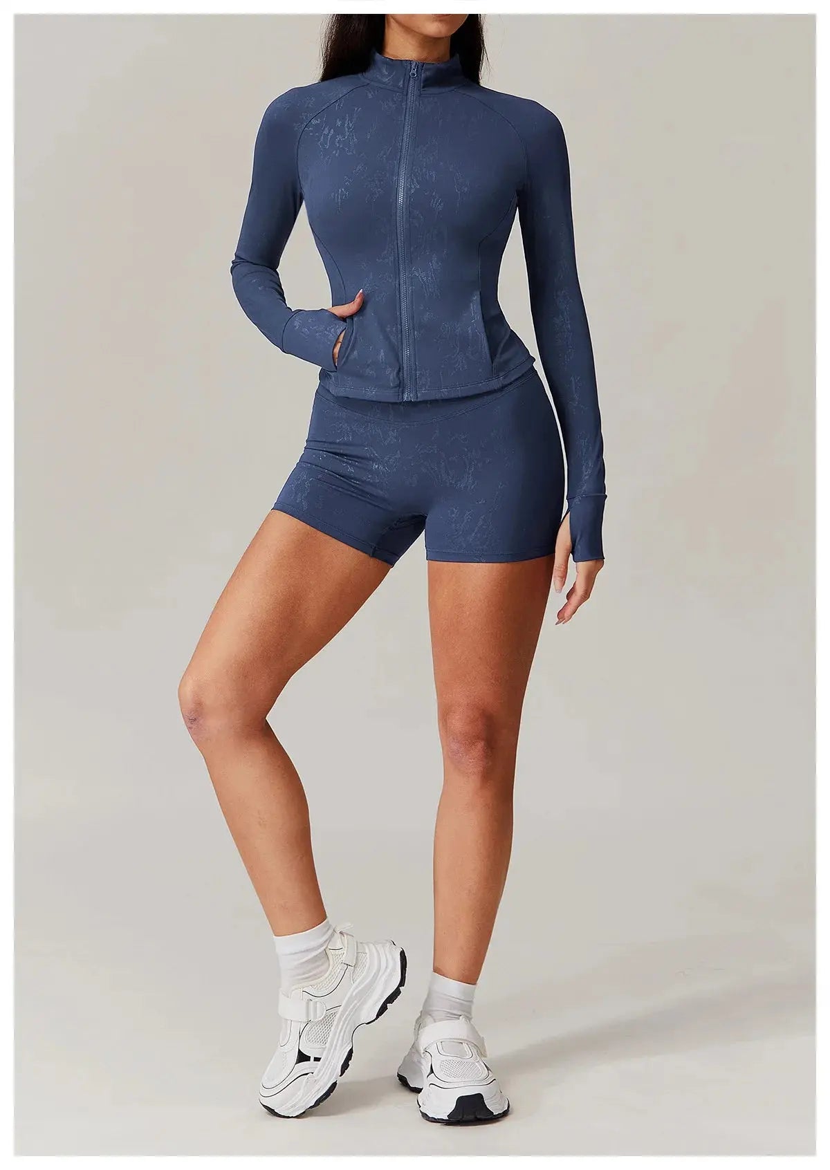 Ensemble Yoga Femme 2 Pièces - Veste Zip Col Montant et Short Taille Haute
