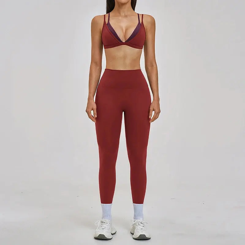 Ensemble Yoga Femme 2 Pièces - Legging Taille Haute et Soutien-Gorge Triangle à Bretelles Doubles Contraste - YST-016