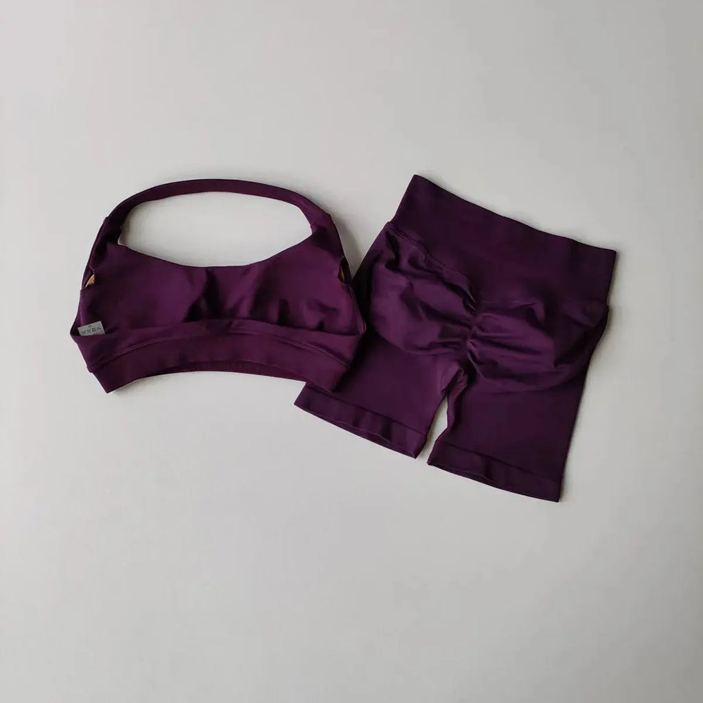 Ensemble Sport Femme 2 Pièces - Soutien-Gorge Col Halter Sans Manches et Short Taille Haute - TZ606