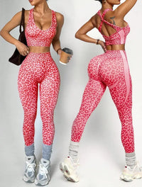 Ensemble Yoga Femme 2 Pièces - Soutien-Gorge Dos Croisé et Legging Imprimé Léopard Sans Couture - 25SOC322