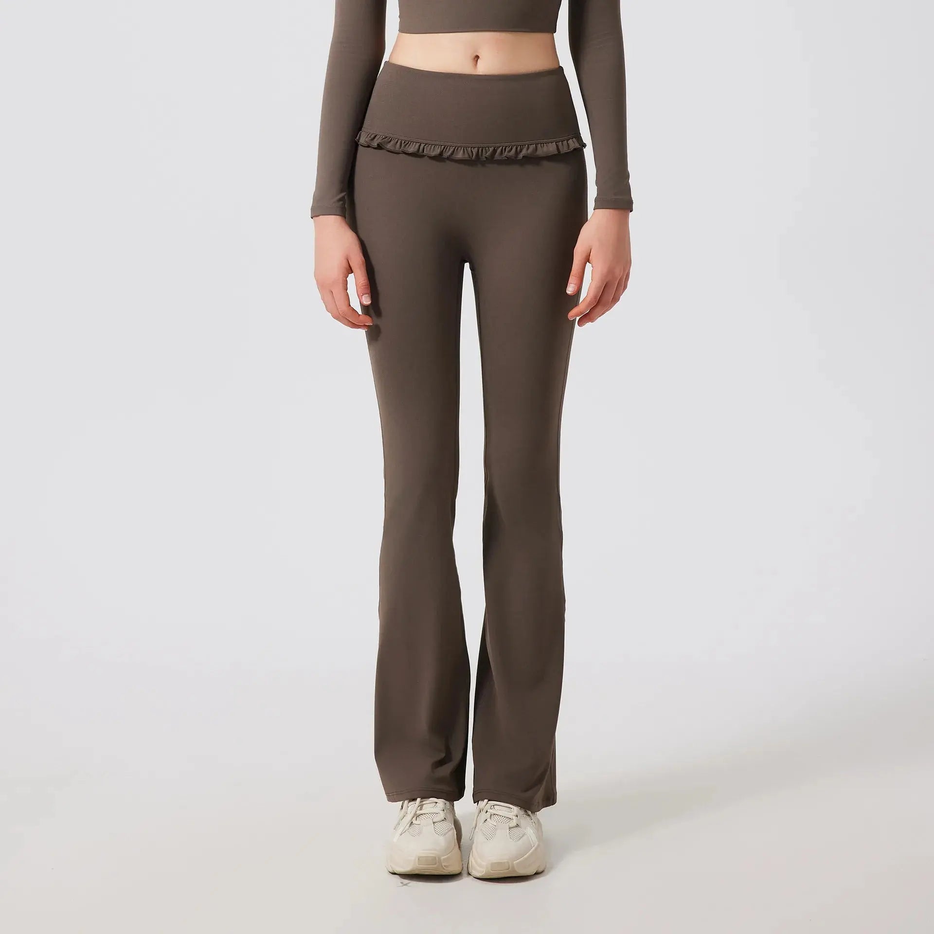 Ensemble de Yoga Femme en Dentelle Col Carré - Top à Manches Longues et Pantalon Évasé