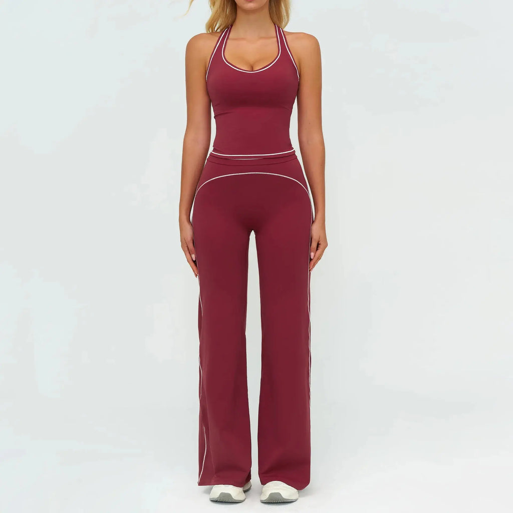 Ensemble Fitness Femme Sans Manches à Rayures Contrastées - Col en V