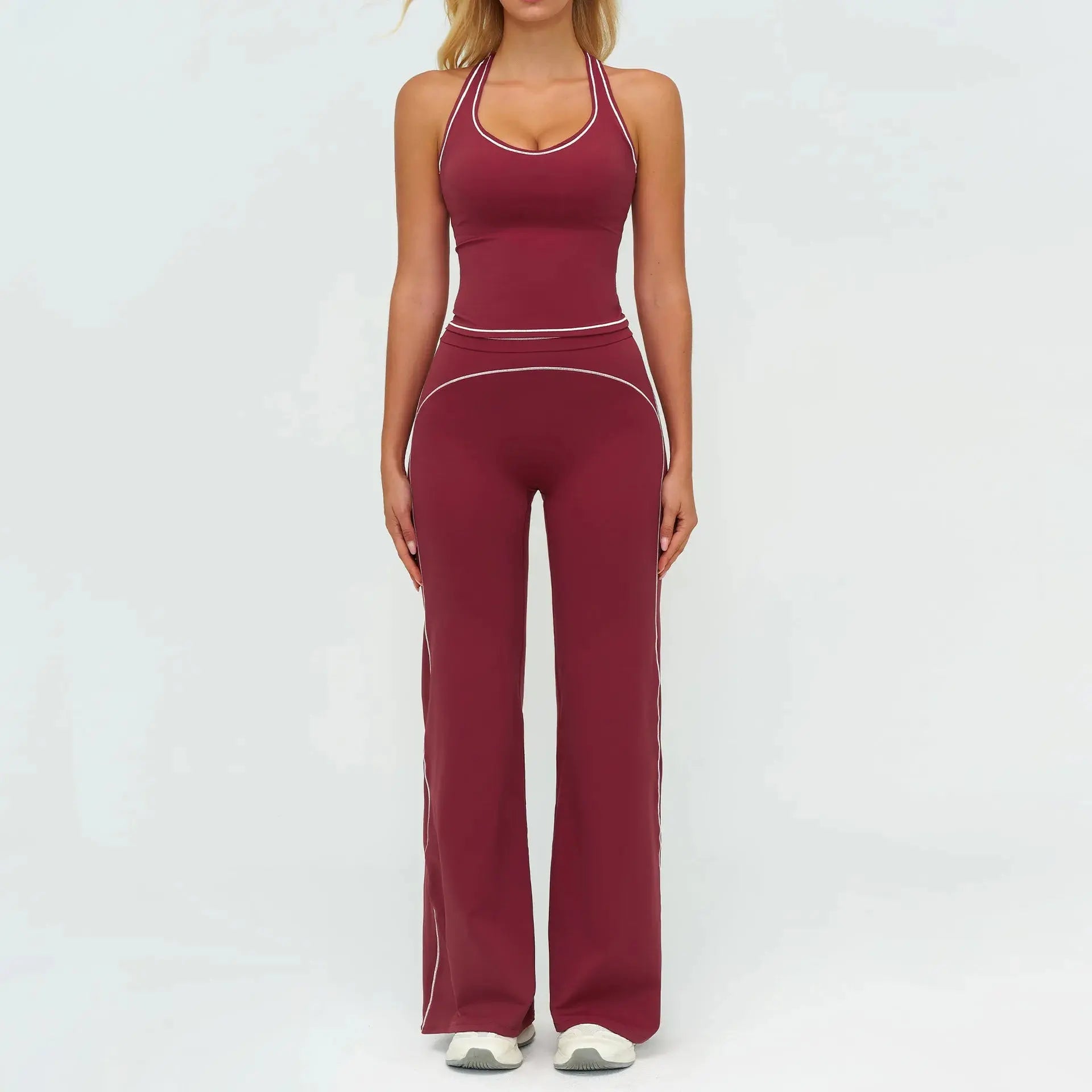 Ensemble Fitness Femme Sans Manches à Rayures Contrastées - Col en V