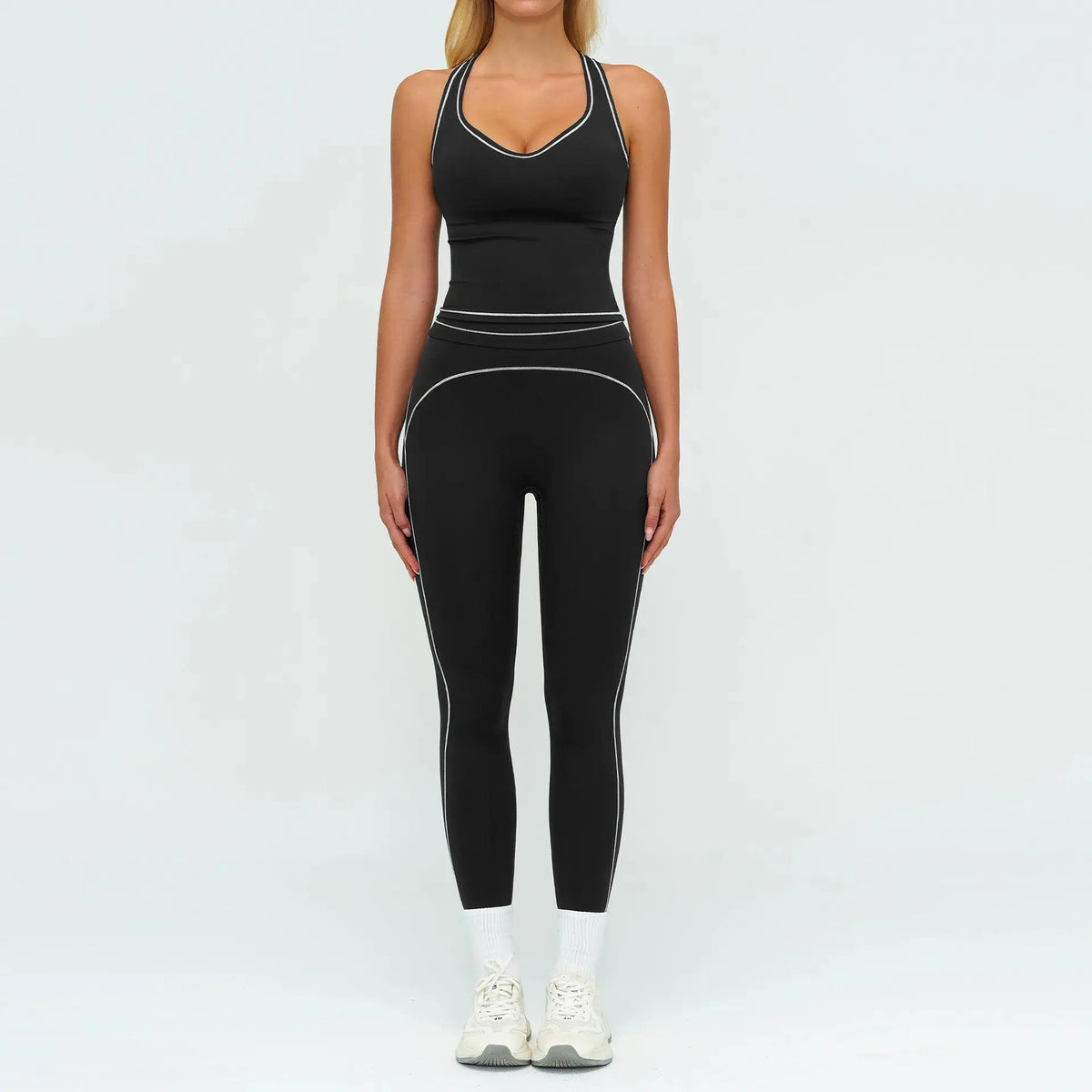 Ensemble Fitness Femme Sans Manches à Rayures Contrastées - Col en V