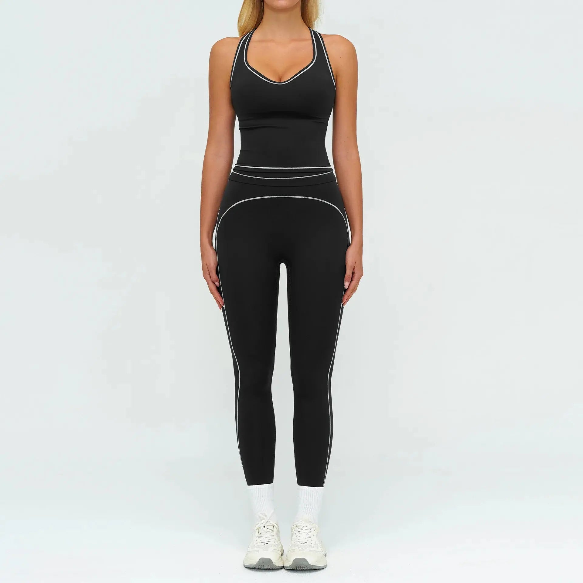 Ensemble Fitness Femme Sans Manches à Rayures Contrastées - Col en V