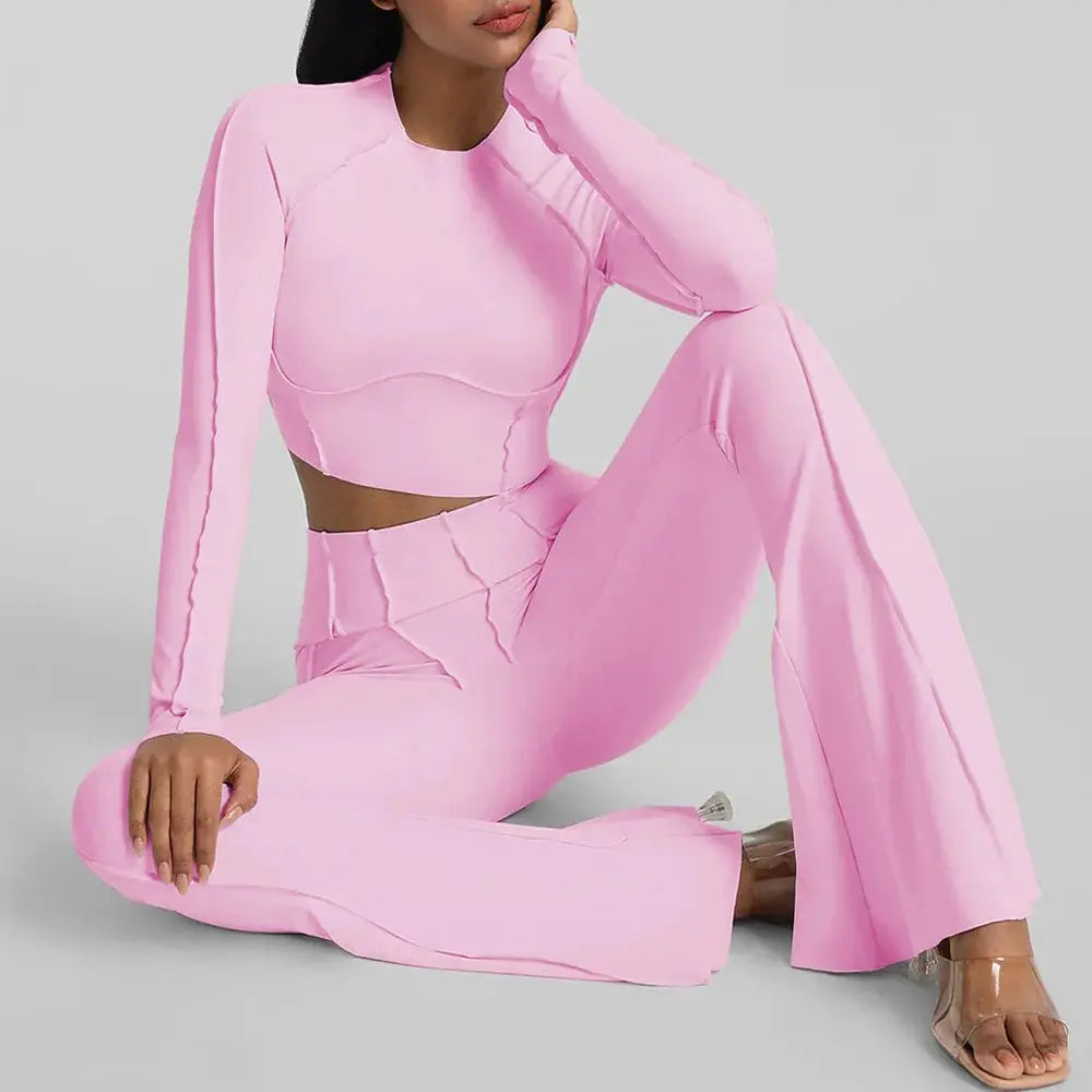 Ensemble Deux Pièces Yoga Femme Automne Manches Longues Pantalon Évasé - YY082