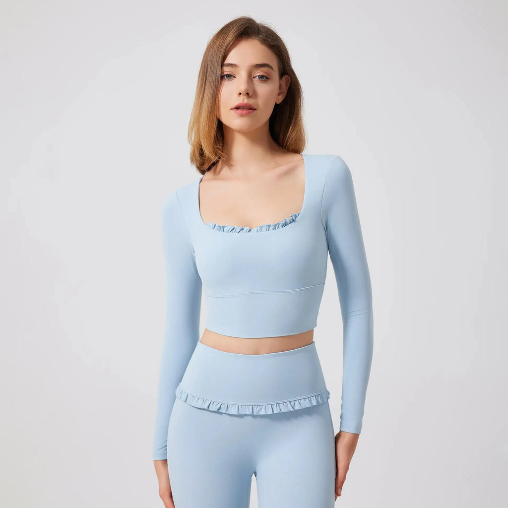 Ensemble de Yoga Femme en Dentelle Col Carré - Top à Manches Longues et Pantalon Évasé