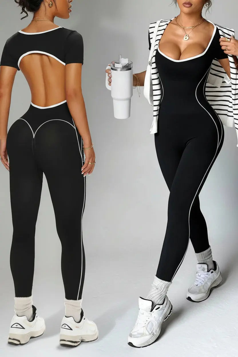 Combinaison Yoga Femme Sans Couture à Dos Nu - Taille Haute et Manches Courtes