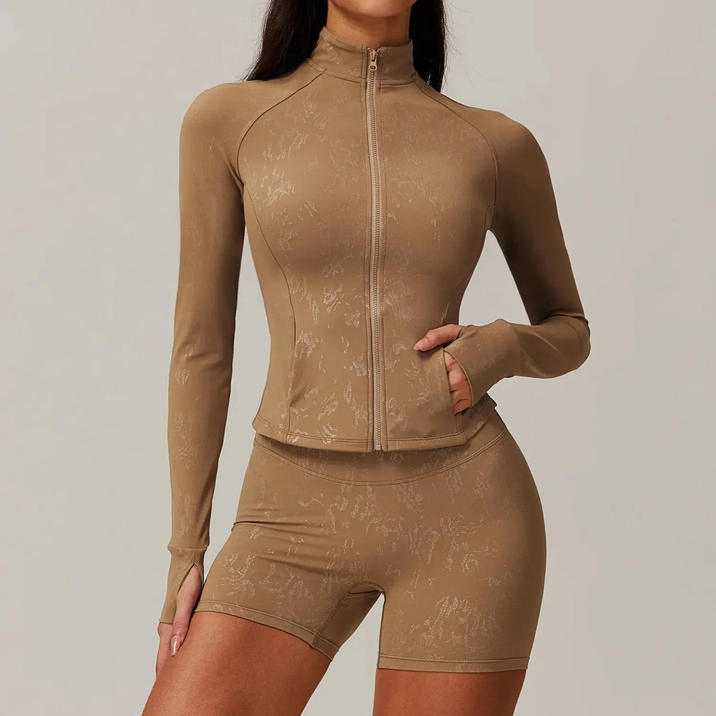 Ensemble Yoga Femme 2 Pièces - Veste Zip Col Montant et Short Taille Haute
