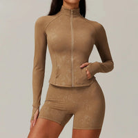 Ensemble Yoga Femme 2 Pièces - Veste Zip Col Montant et Short Taille Haute
