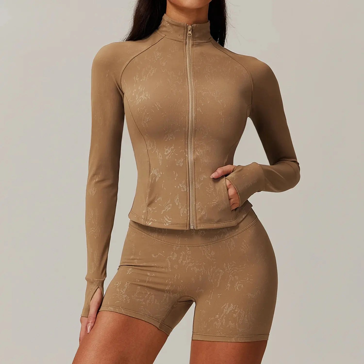 Ensemble Yoga Femme 2 Pièces - Veste Zip Col Montant et Short Taille Haute