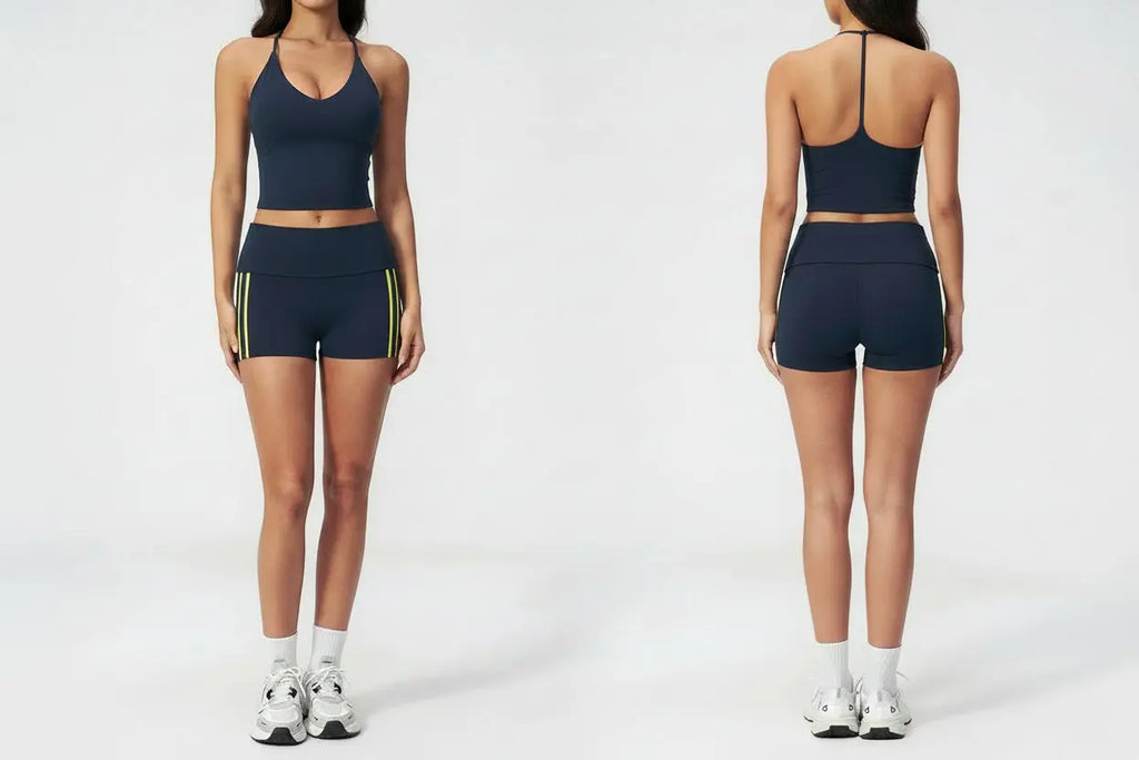Ensemble Fitness Femme à Bretelles en T - Short Taille Haute Repliable