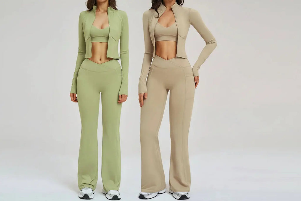 Ensemble Yoga Femme 3 Pièces - Veste Crop Manches Longues et Pantalon Large Taille Haute