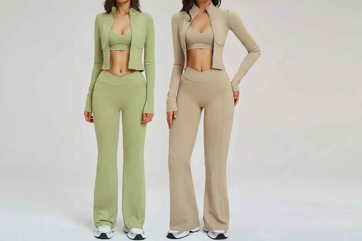 Ensemble Yoga Femme 3 Pièces - Veste Crop Manches Longues et Pantalon Large Taille Haute