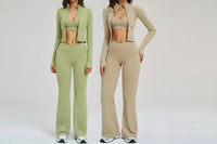 Ensemble Yoga Femme 3 Pièces - Veste Crop Manches Longues et Pantalon Large Taille Haute