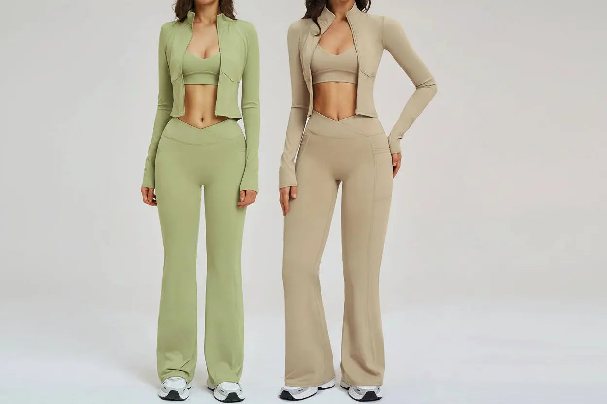 Ensemble Yoga Femme 3 Pièces - Veste Crop Manches Longues et Pantalon Large Taille Haute