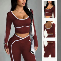 Ensemble Sport Femme 2 Pièces - Haut à Manches Longues Col Halter et Legging Taille Haute Contraste - tz4218