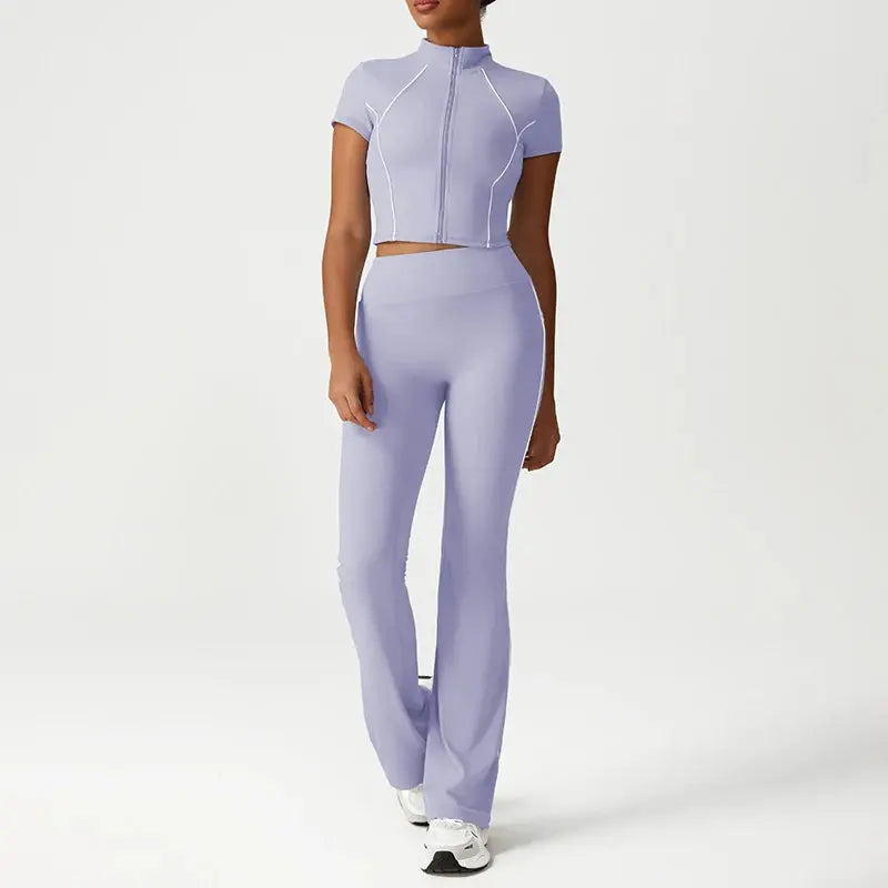 Ensemble de Yoga 2 Pièces avec Zip Court à Blocs de Couleurs pour Femme