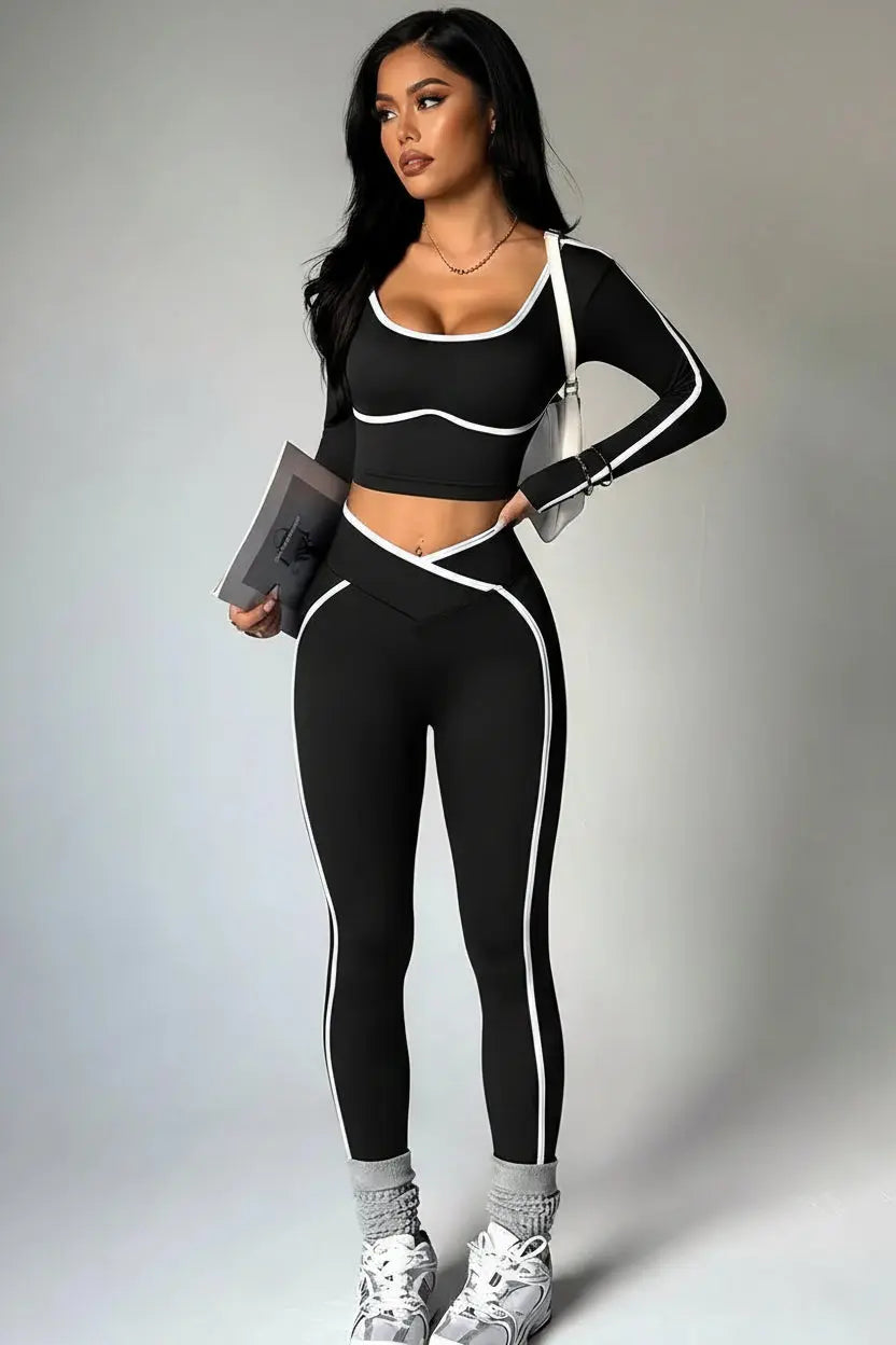Ensemble Sport Femme 2 Pièces - Haut à Manches Longues Col Halter et Legging Taille Haute Contraste - tz4218