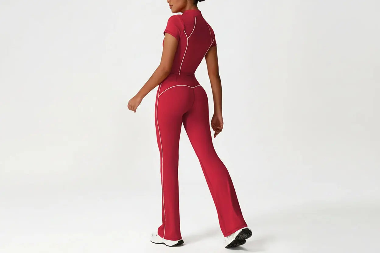 Ensemble de Yoga 2 Pièces avec Zip Court à Blocs de Couleurs pour Femme