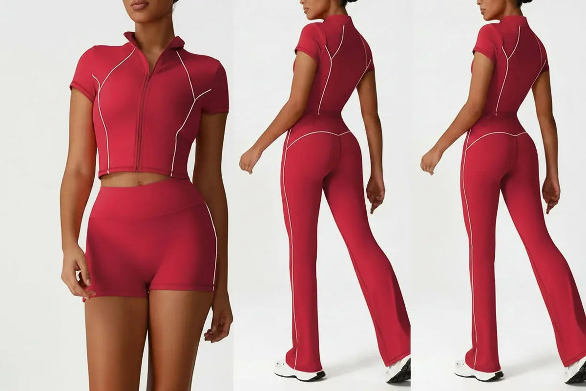 Ensemble de Yoga 2 Pièces avec Zip Court à Blocs de Couleurs pour Femme