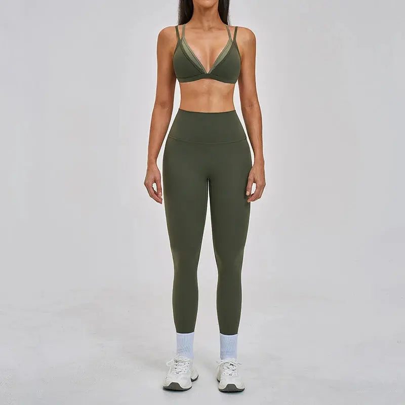 Ensemble Yoga Femme 2 Pièces - Legging Taille Haute et Soutien-Gorge Triangle à Bretelles Doubles Contraste - YST-016