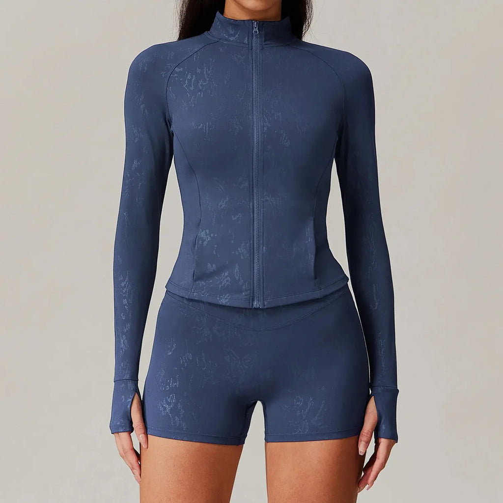 Ensemble Yoga Femme 2 Pièces - Veste Zip Col Montant et Short Taille Haute