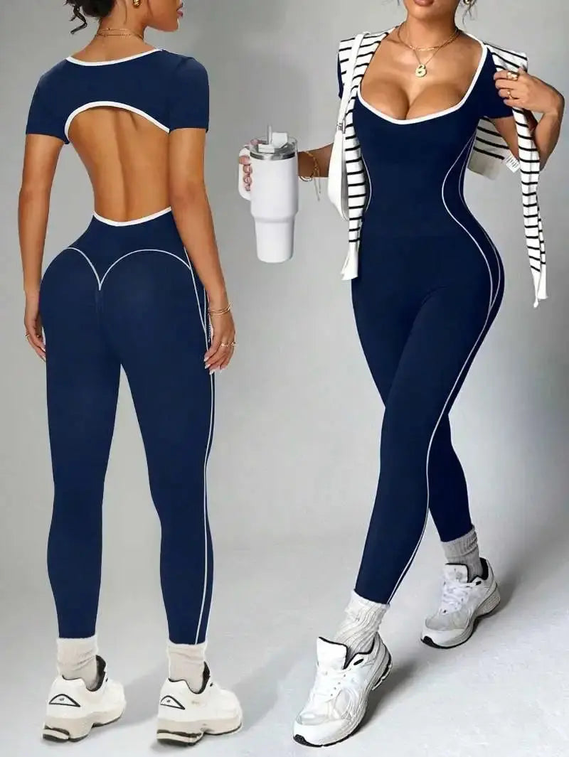Combinaison Yoga Femme Sans Couture à Dos Nu - Taille Haute et Manches Courtes