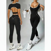 Combinaison Yoga Femme Sans Couture à Dos Nu - Taille Haute et Manches Courtes