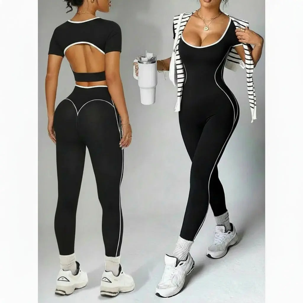 Combinaison Yoga Femme Sans Couture à Dos Nu - Taille Haute et Manches Courtes